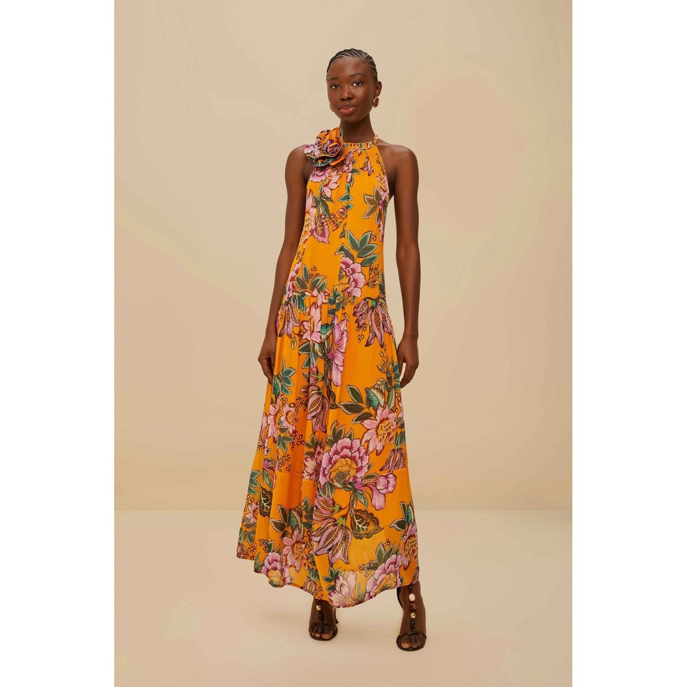 Farm Rio Wonderful Bouquet Orange Maxi Dress Floral Halter Flower Applique Small - Picture 2 of 10